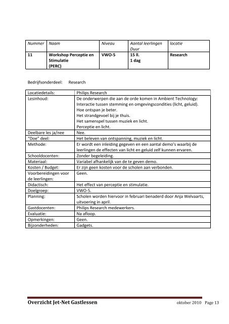 Overzicht Jet-Net gastlessen schooljaar 2010-2011 - Philips