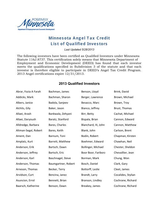 Minnesota Angel Tax Credit List Of Qualified Investors