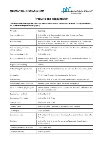 Products and suppliers list - Powerhouse Museum