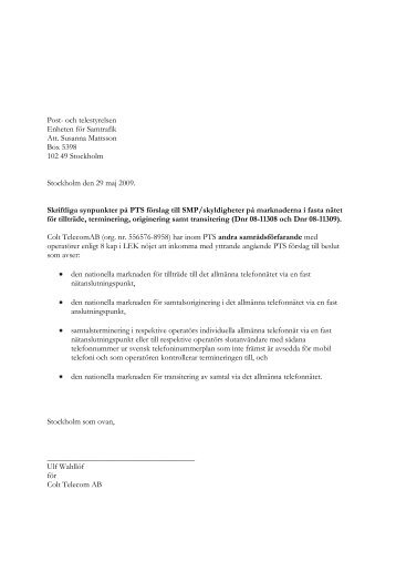 Colt Telecom - 08-11308/11309 (pdf, nytt fönster) - och Telestyrelsen