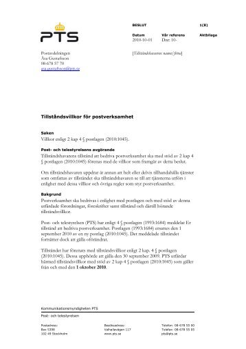 Tillståndsvillkor för övriga postoperatörer - och Telestyrelsen