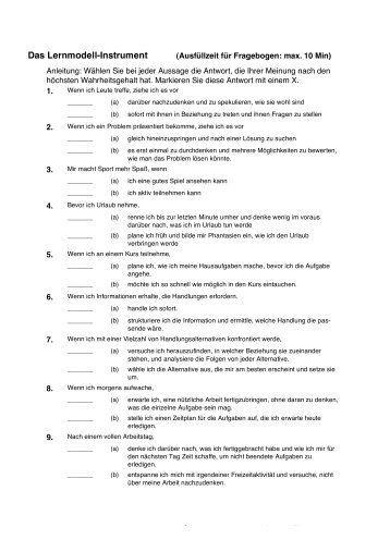 Lernstile Fragebogen und Auswertung - Quia