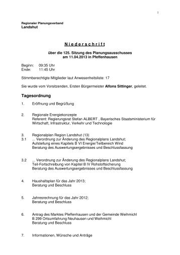 Niederschrift der Sitzung - Regionaler Planungsverband Landshut