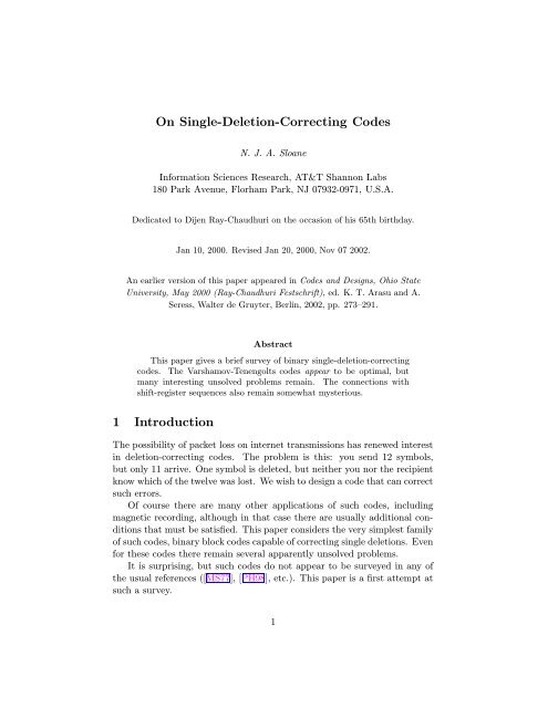 On Single-Deletion-Correcting Codes 1 Introduction - AT&T Labs ...