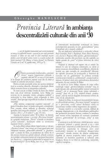 "Provincia literară" în ambianţa descentralizării culturale din anii '30