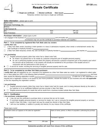 Form ST-120: June 1999, Resale Certificate, ST120 - Riverbed