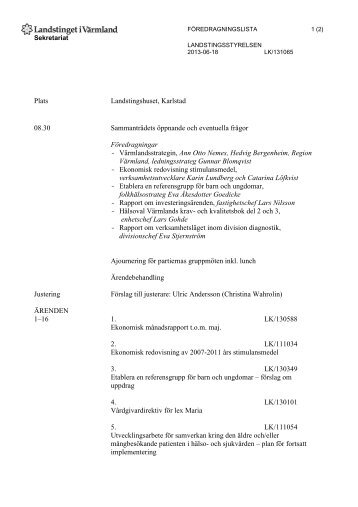 Föredragningslista med handlingar för publicering - Landstinget i ...