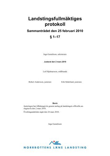 Landstingsfullmäktiges protokoll - Norrbottens läns landsting