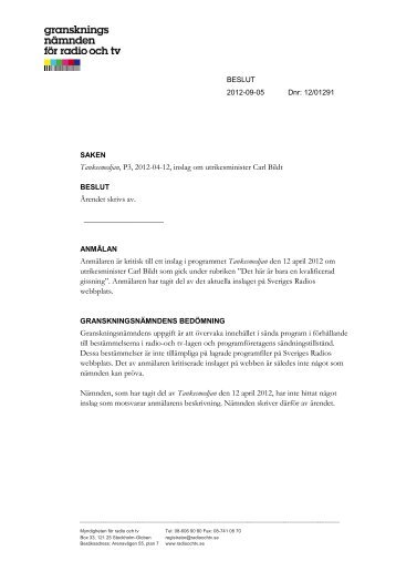 Tankesmedjan, P3, 2012-04-12, inslag om utrikesminister Carl Bildt ...
