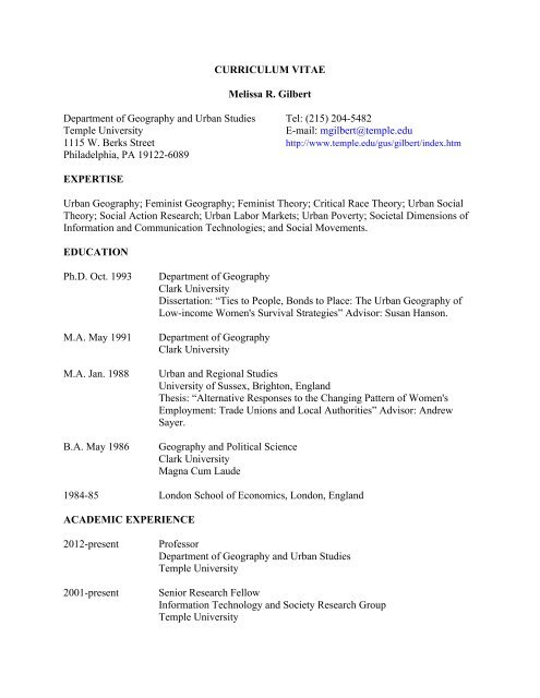 CURRICULUM VITAE Melissa R. Gilbert ... - Temple University