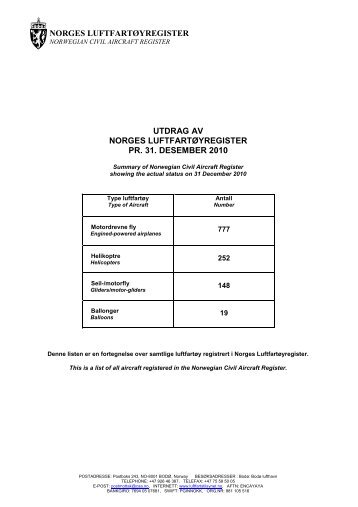 norges luftfartøyregister utdrag av norges luftfartøyregister pr. 31 ...