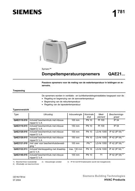 Dompeltemperatuuropnemers QAE21... - Siemens