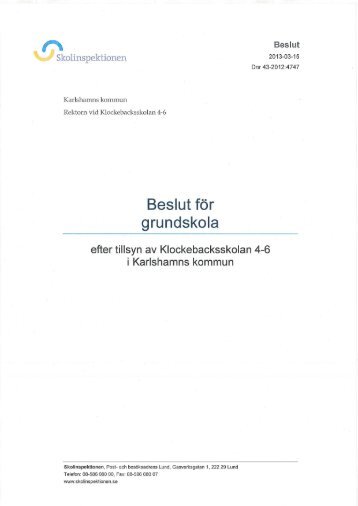 Tillsyn i Klockebacksskolan 4-6 - Skolinspektionen