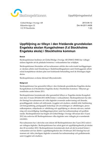 Uppföljningsbeslut fristående skola - Skolinspektionen