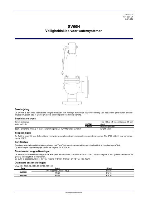 SV60H - Veiligheidsklep voor watersystemen - Spirax Sarco