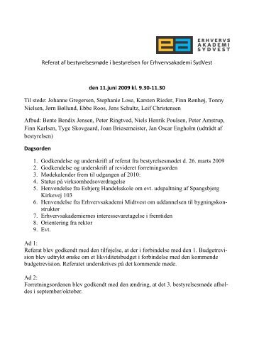 Referat af bestyrelsesmøde i bestyrelsen for Erhvervsakademi ...