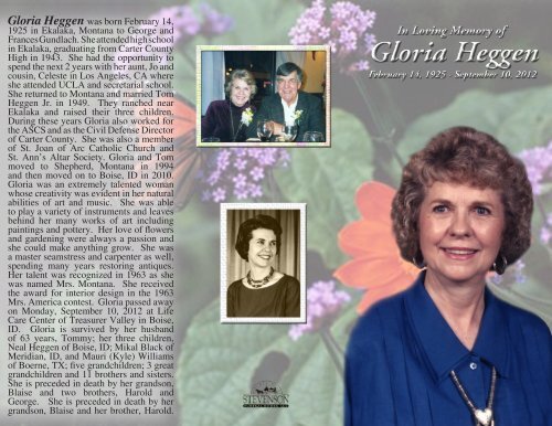 Gloria Heggen was born February 14, 1925 in Ekalaka, Montana to ...
