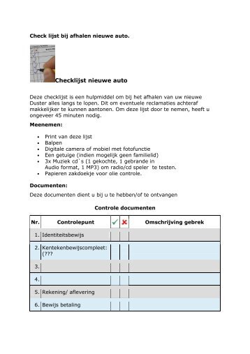 Checklijst nieuwe auto - Daciamodellen.nl