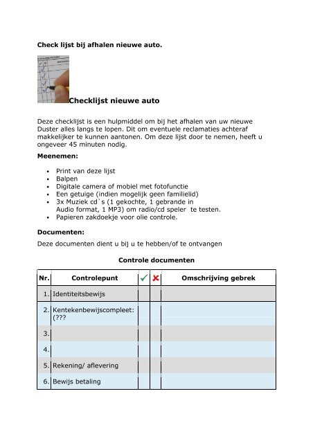 Checklijst nieuwe auto - Daciamodellen.nl