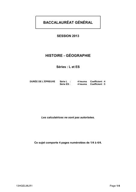 Sujet du bac L - Histoire Géographie 2013 - Métropole - Sujet de bac