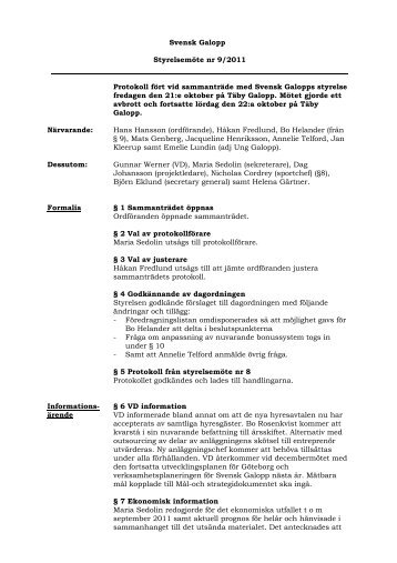 Protokoll nr 9 från styrelsemötet den 21 oktober 2011 - Svensk Galopp