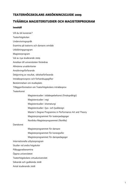 teaterhögskolans ansökningsguide 2009 tvååriga magisterstudier ...