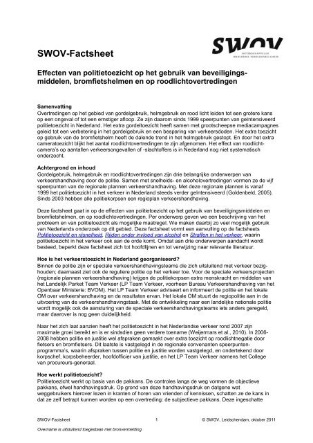 Factsheet Effecten van politietoezicht op het gebruik van ... - Swov