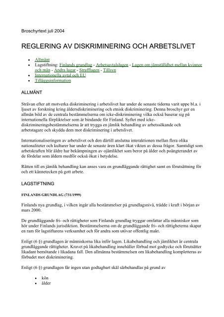 Reglering av diskriminering och arbetslivet, broschyrtext, 2004