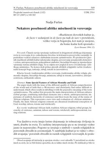 Nadja Furlan, Nekatere posebnosti afriške miselnosti in verovanja