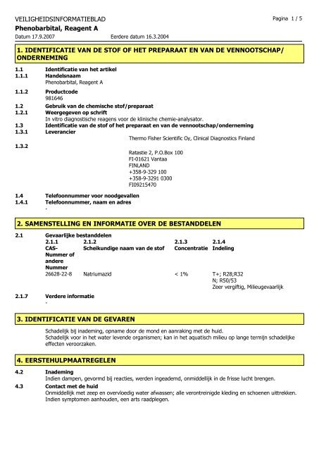 VEILIGHEIDSINFORMATIEBLAD Phenobarbital ... - Thermo Scientific