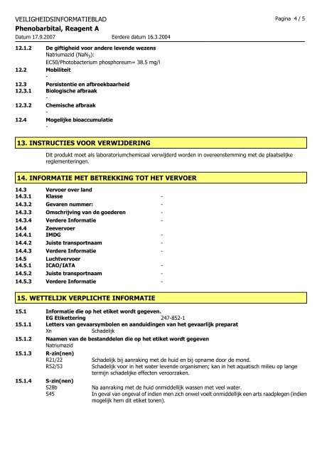 VEILIGHEIDSINFORMATIEBLAD Phenobarbital ... - Thermo Scientific