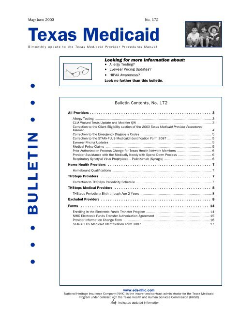 May/June 2003 Texas Medicaid Bulletin, No. 172 - TMHP.com