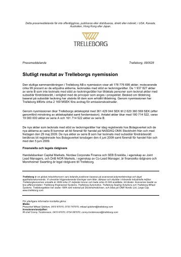 Slutligt resultat av Trelleborgs nyemission