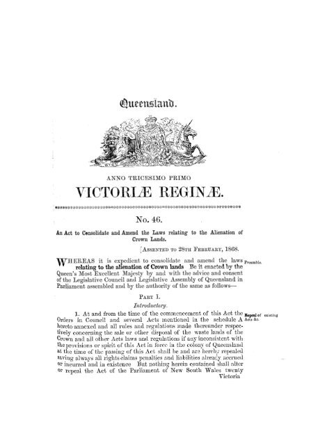 Crown Lands Alienation Act 1868 31 Vic c 46 - Ozcase Queensland ...