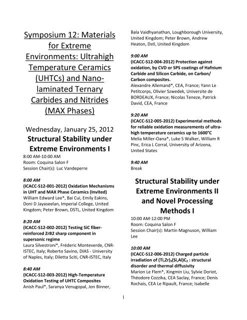 Symposium 12: Materials for Extreme Environments: Ultrahigh ...