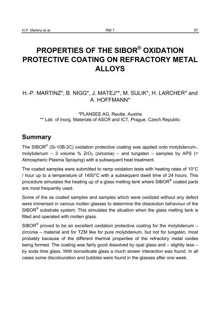 PROPERTIES OF THE SIBOR® OXIDATION PROTECTIVE - Plansee