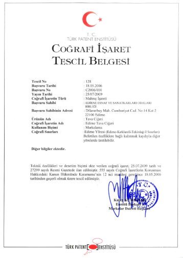COĞRAFİ İŞARET TESCİL BELGESİ - Türk Patent Enstitüsü