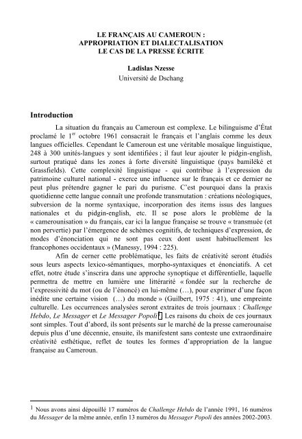 Le français au Cameroun: appropriation et dialectalisation