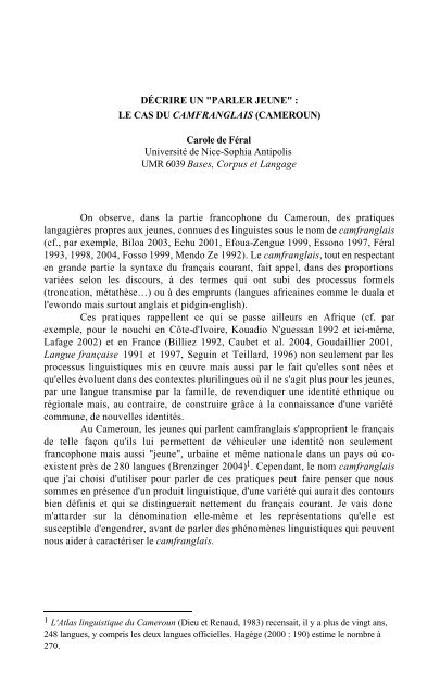 le cas du camfranglais (Cameroun) - Université Nice Sophia Antipolis