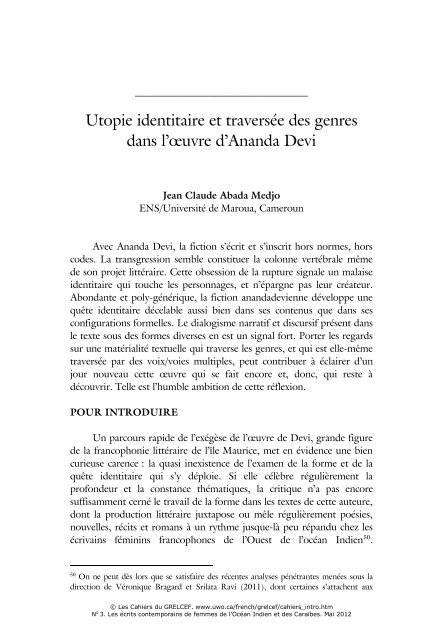 Utopie identitaire et traversée des genres dans l'œuvre d'Ananda Devi