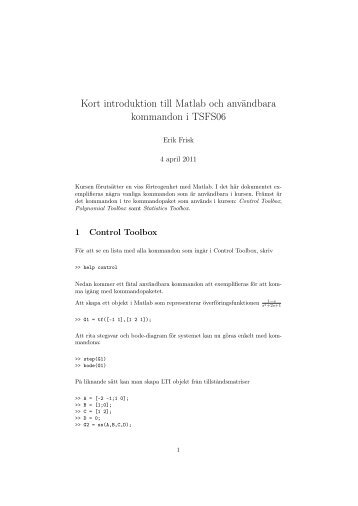 Kort introduktion till Matlab och användbara kommandon i TSFS06