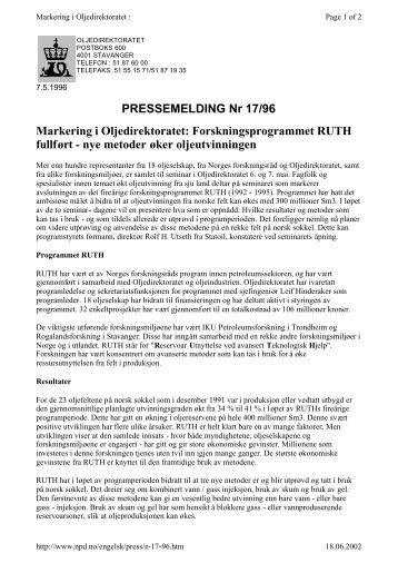 PRESSEMELDING Nr 17/96 Markering i Oljedirektoratet ...