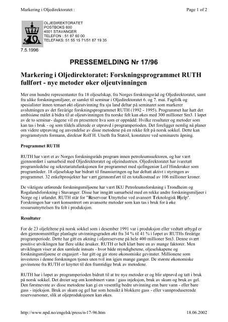 PRESSEMELDING Nr 17/96 Markering i Oljedirektoratet ...