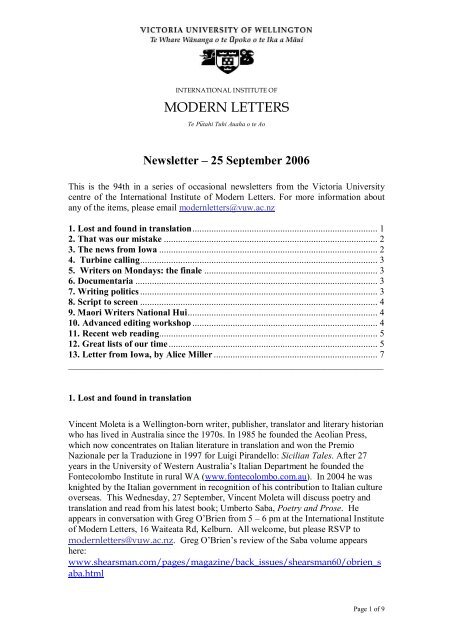 MODERN LETTERS - Victoria University of Wellington