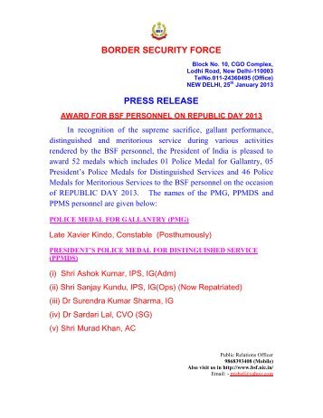 Award for BSF personnel on Republic day 2013 - Border Security ...