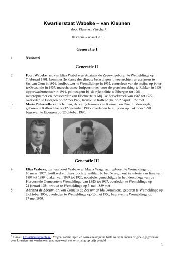Kwartierstaat Wabeke – van Kleunen - SNT WESP