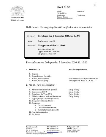 KALLELSE Kallelse och föredragningslista till miljönämnden ...