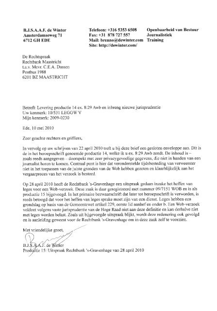 Brief aan rechtbank over gewonnen zaak tegen Kaag en Braassem