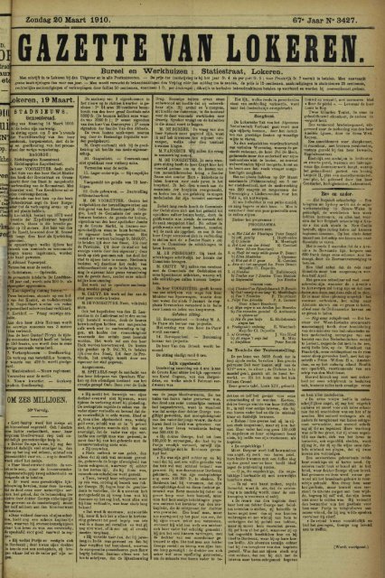 Zondag 20 Maart 1910. 67* Jaar N° 3427. Bureel en Werkhuizen ...