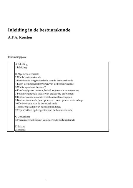 Inleiding in de bestuurskunde - Prof. dr. AFA Korsten